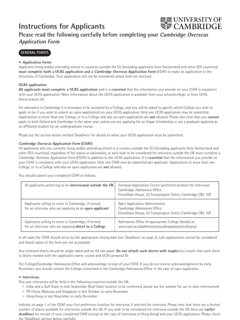 Cambridge Application Form PDF Gce Advanced Level (United Kingdom