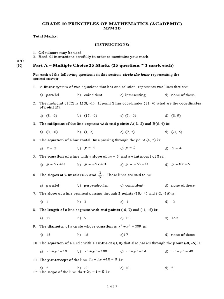 Grade 10 Principles of Mathematics Exam | PDF | Line (Geometry) | Triangle