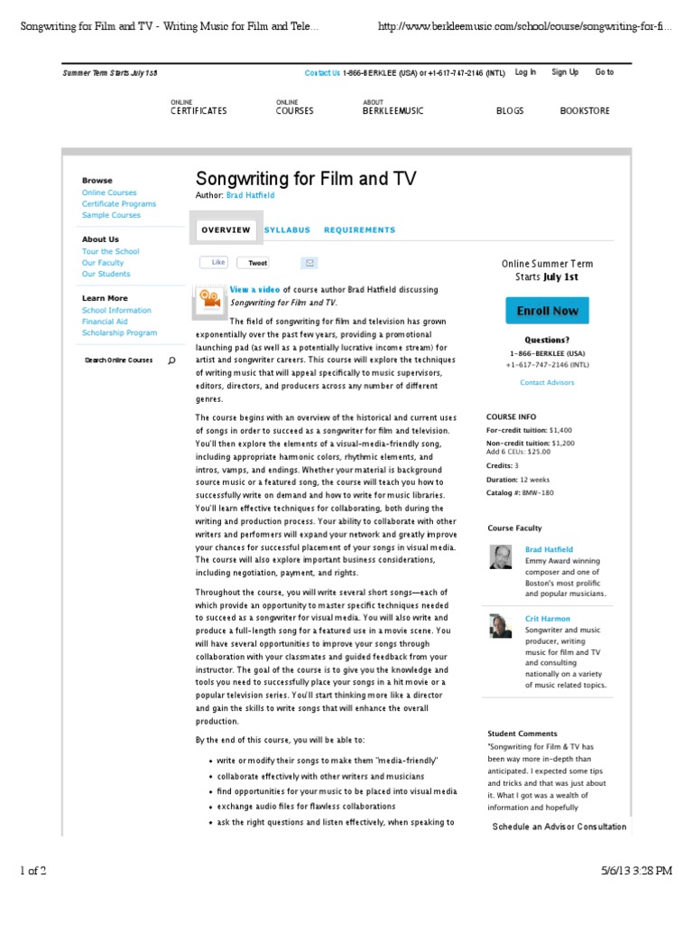 Songwriting For Film and TV Writing Music For Film and Television