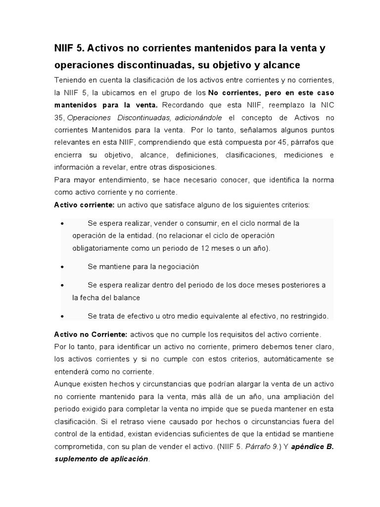 NIIF 5: Activos No Corrientes en Venta | PDF | normas internacionales ...