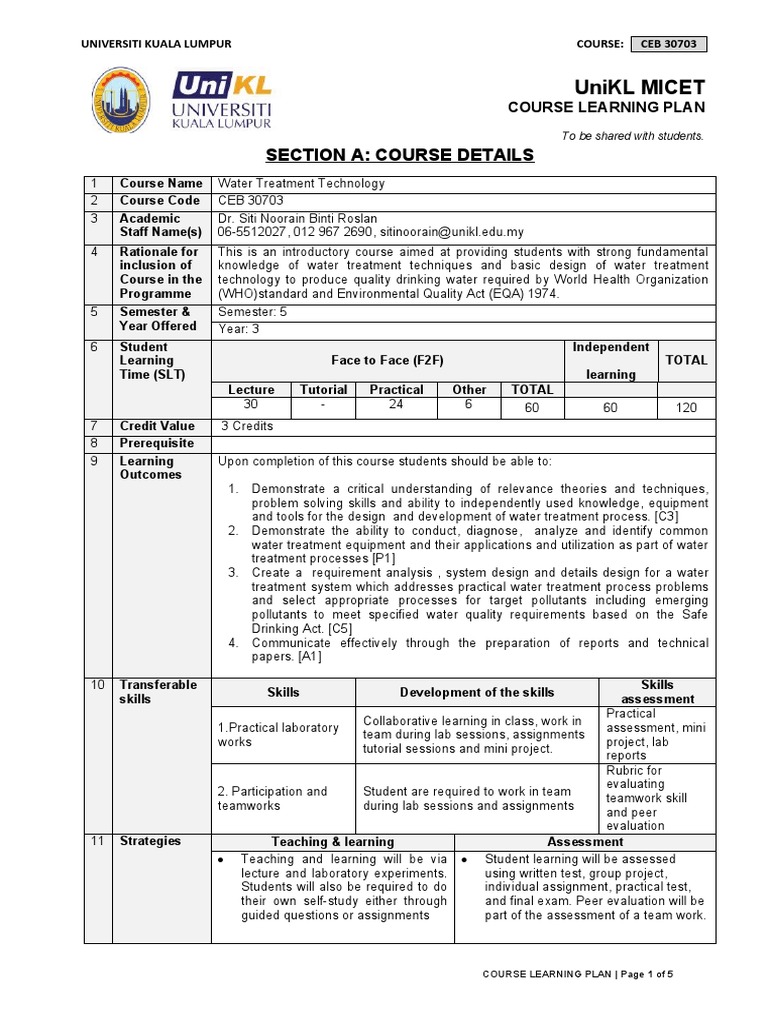 Learning Plan CEB 30703 PDF Water Purification Chemistry