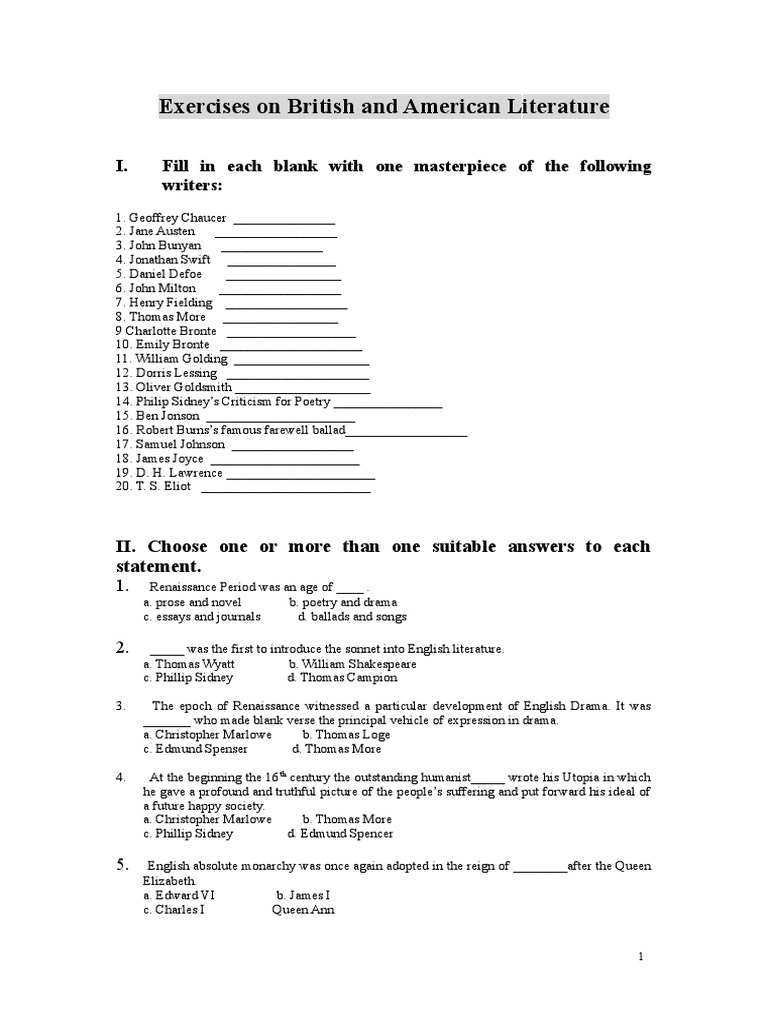 Exercises On British Literature | PDF | English Literature | William ...