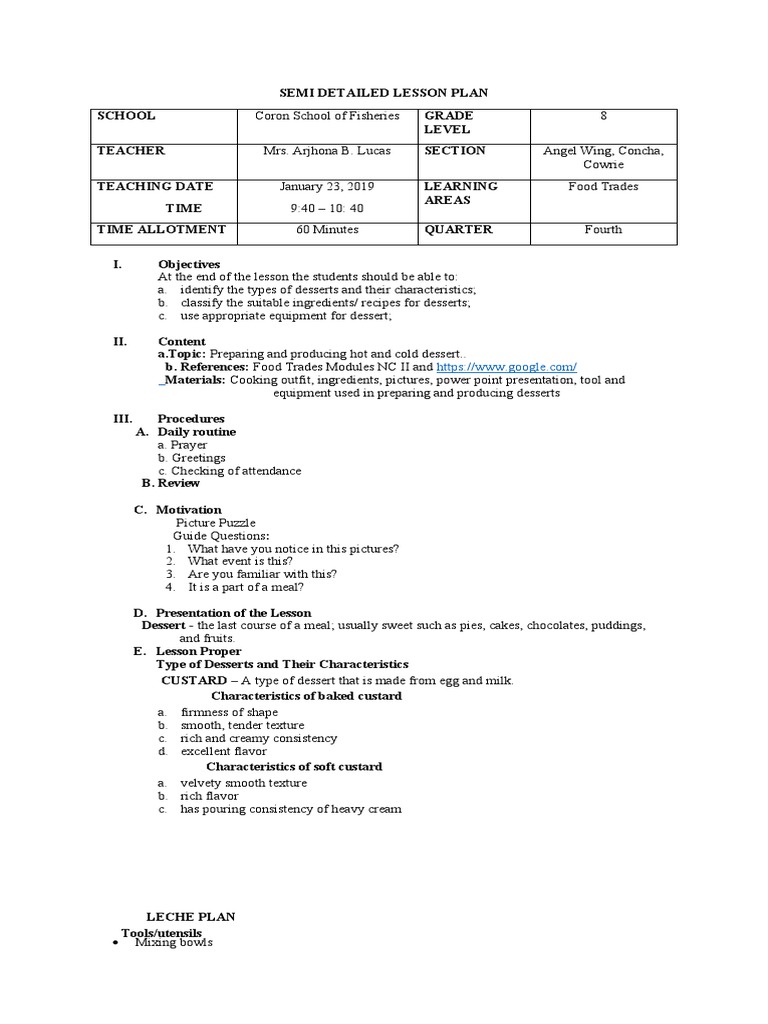Dessert Preparation Lesson Plan | PDF | Custard | Desserts