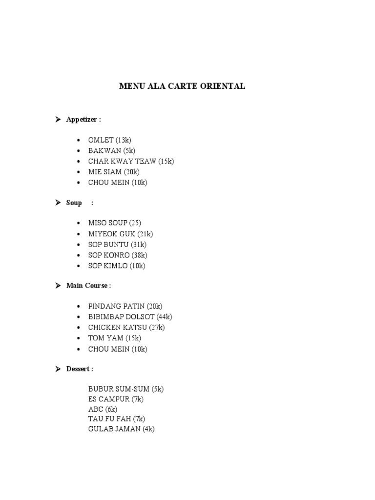 Menu Ala Carte Oriental | PDF
