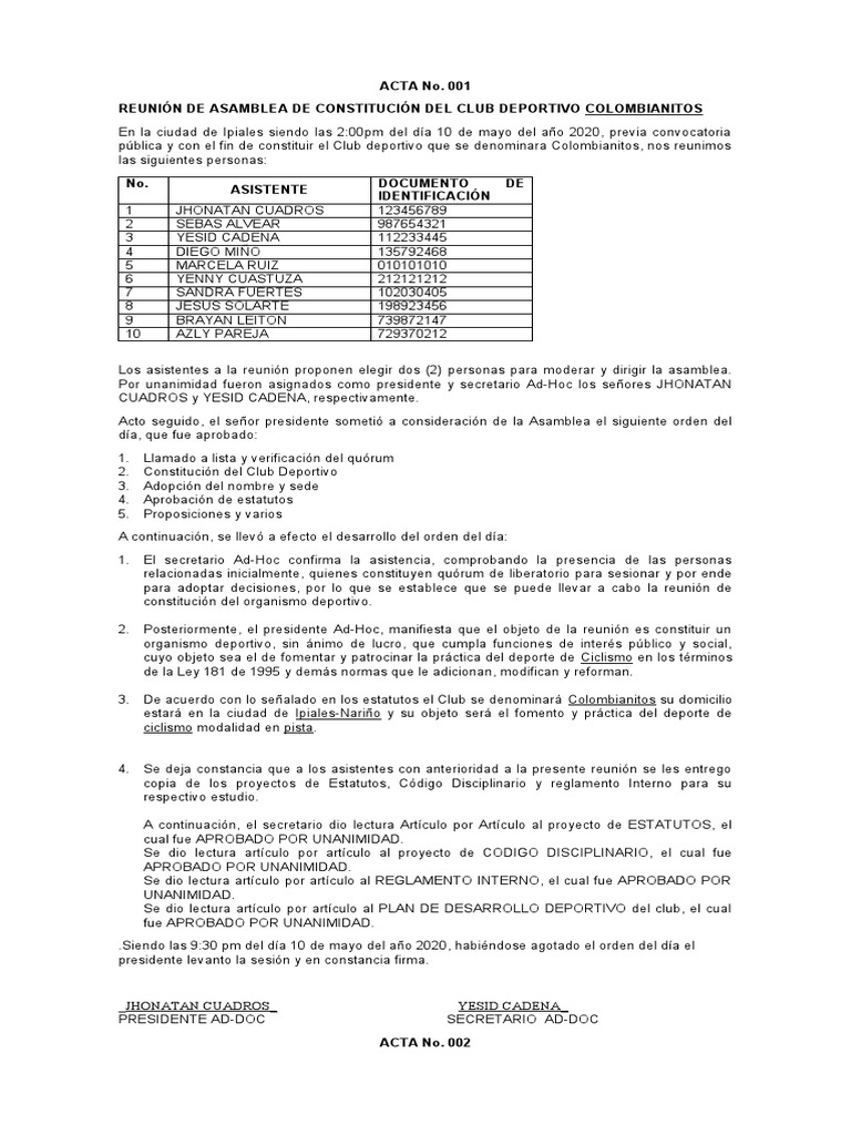 Acta de Costitucion de Un Club 2 | PDF | Quórum | Gobierno