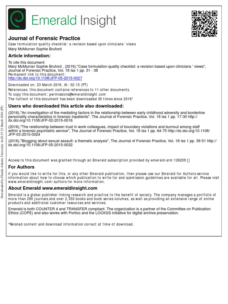 McMurran & Bruford (2016) - Case Formulation Quality Checklist | PDF ...