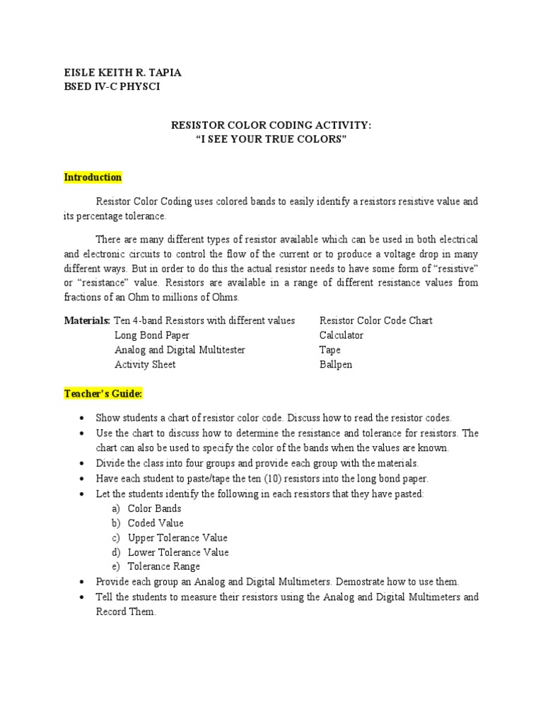 I See Your True Colors Activity | PDF | Resistor | Engineering Tolerance