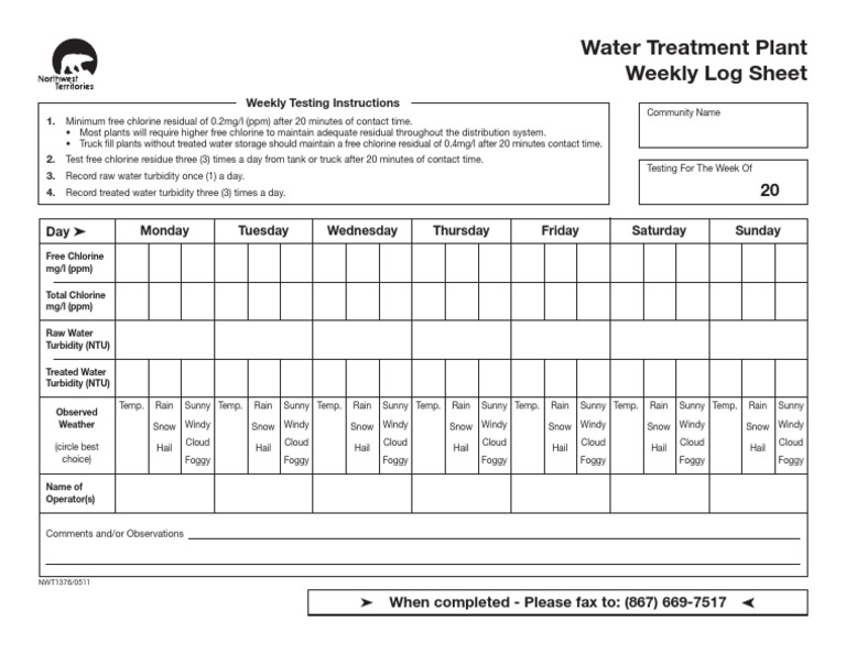 Water Treatment Plant Weekly Log Sheet PDF Transparent Materials Water Supply