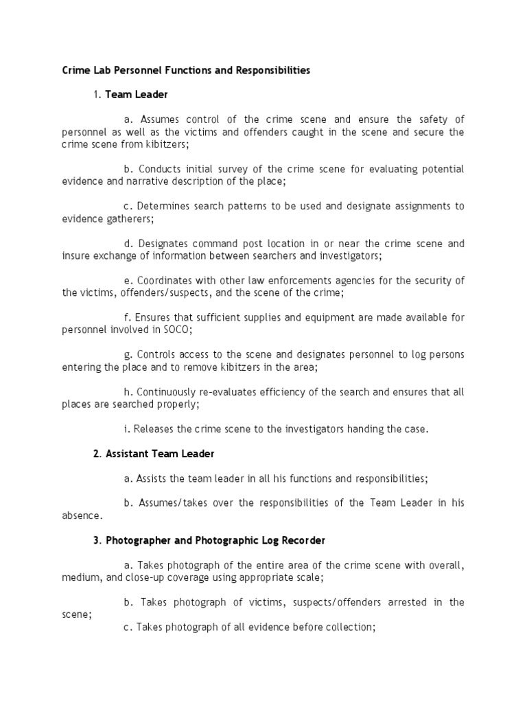 Crime Scene Team Roles and Responsibilities | PDF | Crime Scene ...