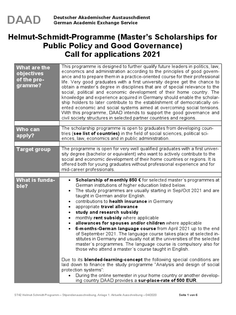 Helmut-Schmidt Master's Scholarships 2021 | PDF | Academic Degree ...