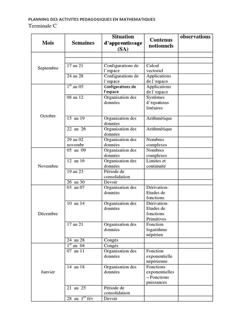 Planning Pédagogique Mathématiques Collège | PDF | Plan (Géométrie ...
