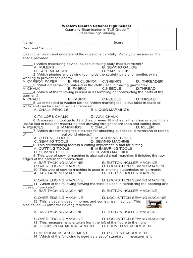 TLE 7 Dressmaking Exam Questions PDF Sewing Sewing Machine