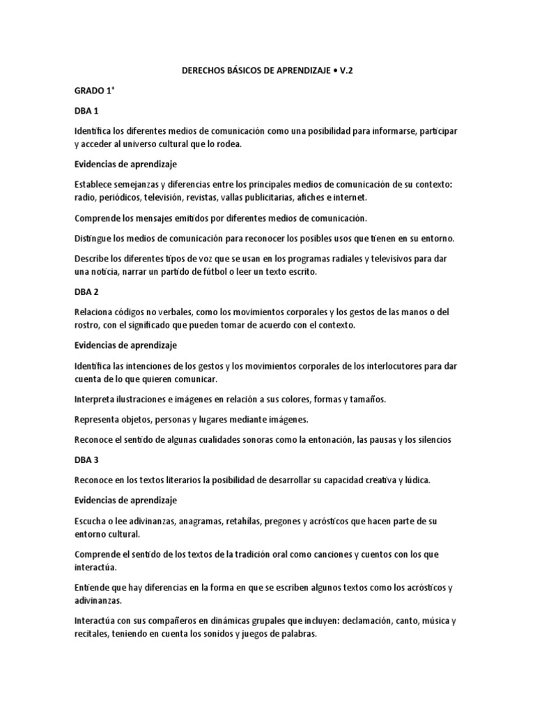 Derechos Básicos de Aprendizaje: Grado 1 | PDF | Comunicación | Aprendizaje