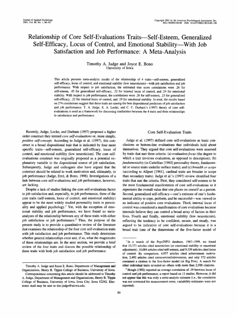 Relationship of Core Self-Evaluations TR PDF | PDF | Job Satisfaction ...