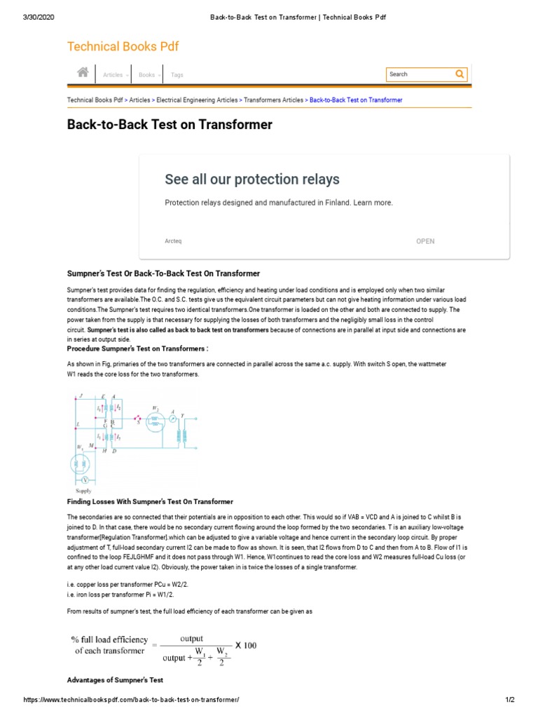 Sumpner's Back-to-Back Transformer Test | PDF | Transformer | Relay