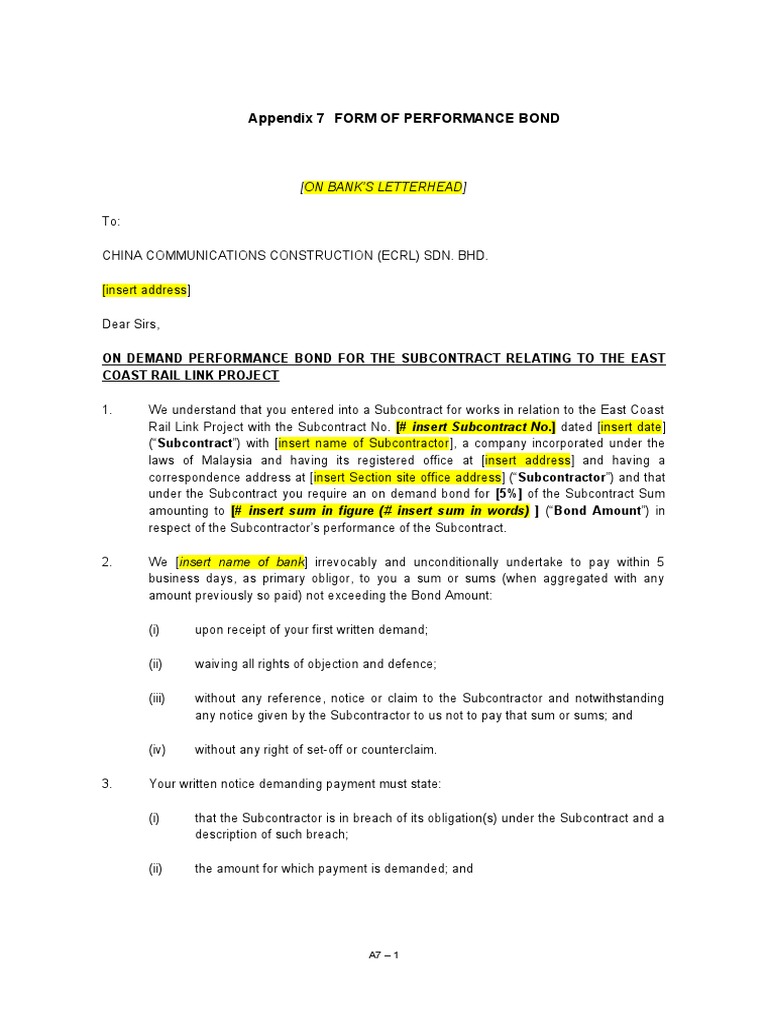 Appendix 7 Form of Performance Bond: (On Bank'S Letterhead) | PDF ...
