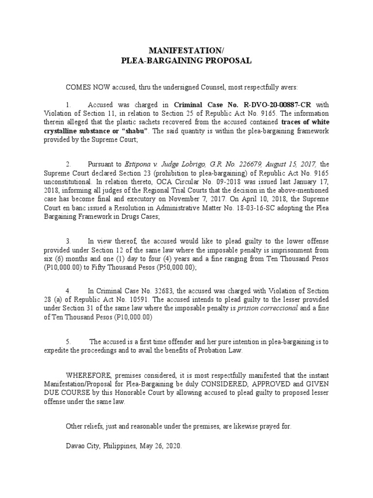 Plea Bargaining Proposal for Drug Charges | PDF | Finance & Money ...