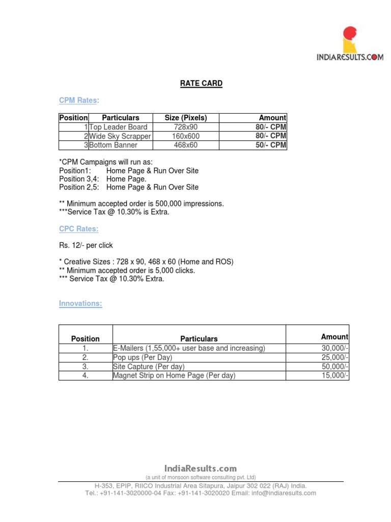 CPM Rate Card for Banner Ads | PDF | Computers