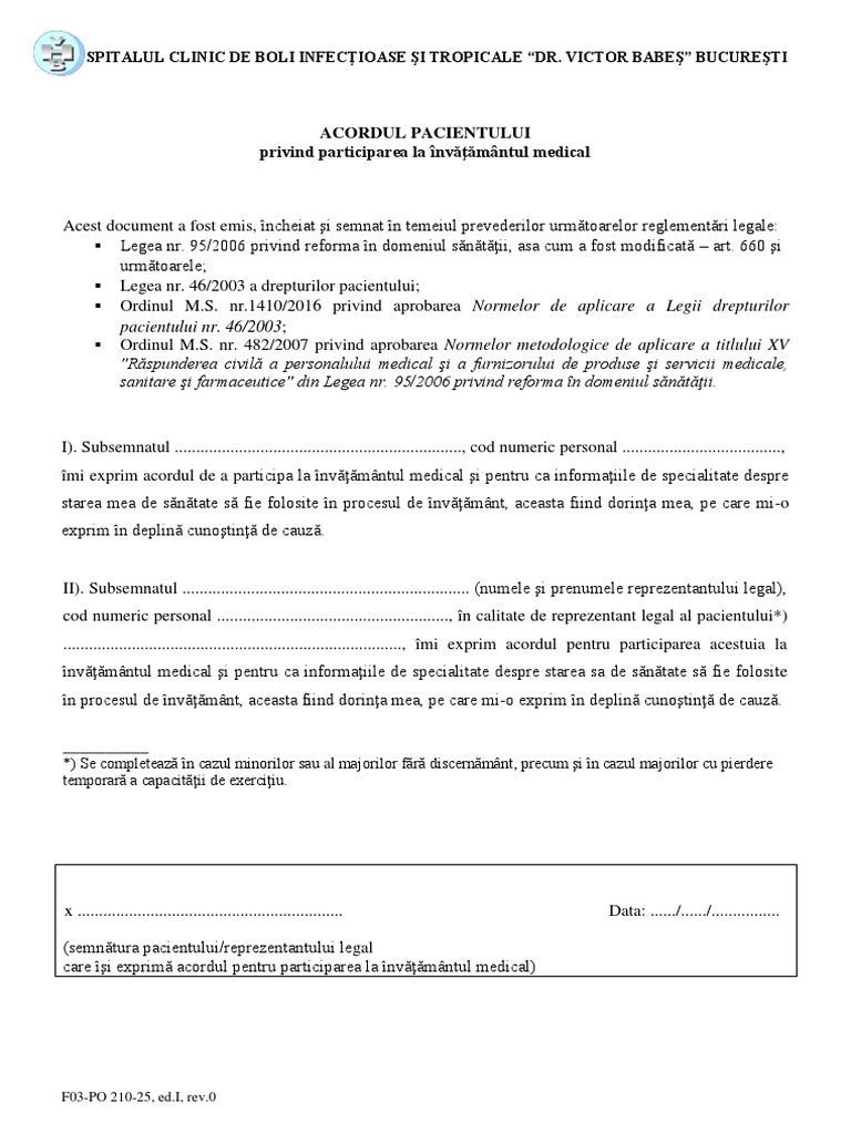 Acordul Pacientului Privind Participarea La Învaţământul Medical, Ed.i ...