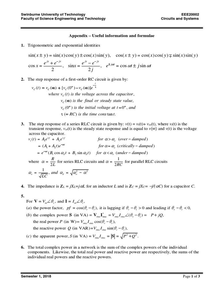 Eee002 Useful Information And Formulae Ac Power Analog Circuits