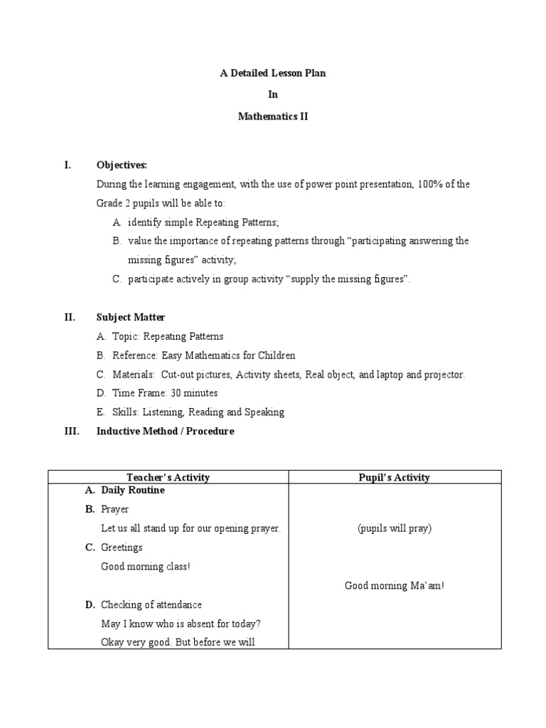 Grade 2 Lesson Plan: Repeating Patterns | PDF | Lesson Plan | Fruit