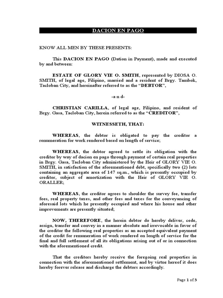 Dacion En Pago Pdf Payments Civil Law Legal System