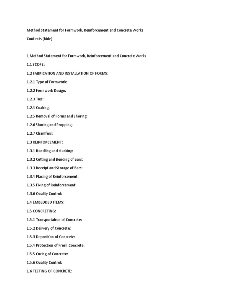 Wms Method Statement For Formwork Reinforcement And Concrete Works