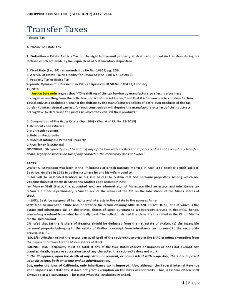 Transfer Taxes: Philippine Law School (Taxation 2) Atty. Vela | PDF ...