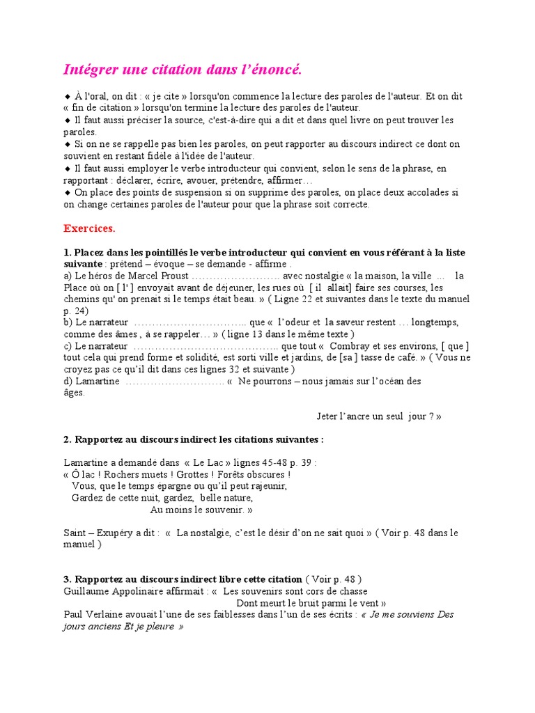 Integrer Une Citation Dans L Enonce Pdf Phrase