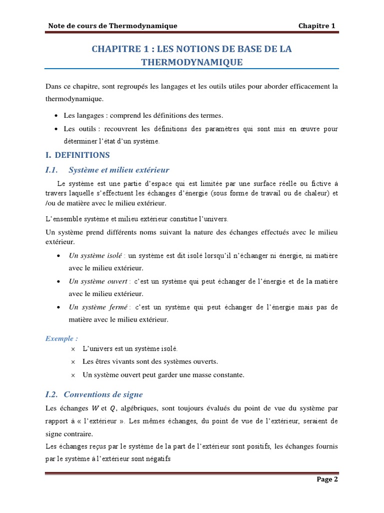 Chapitre I - Les Notions de Base de La Thermodynamique PDF | PDF ...