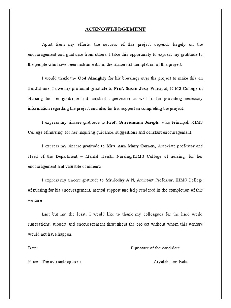 Acknowledgements for Nursing Project | PDF | Psychiatric And Mental ...