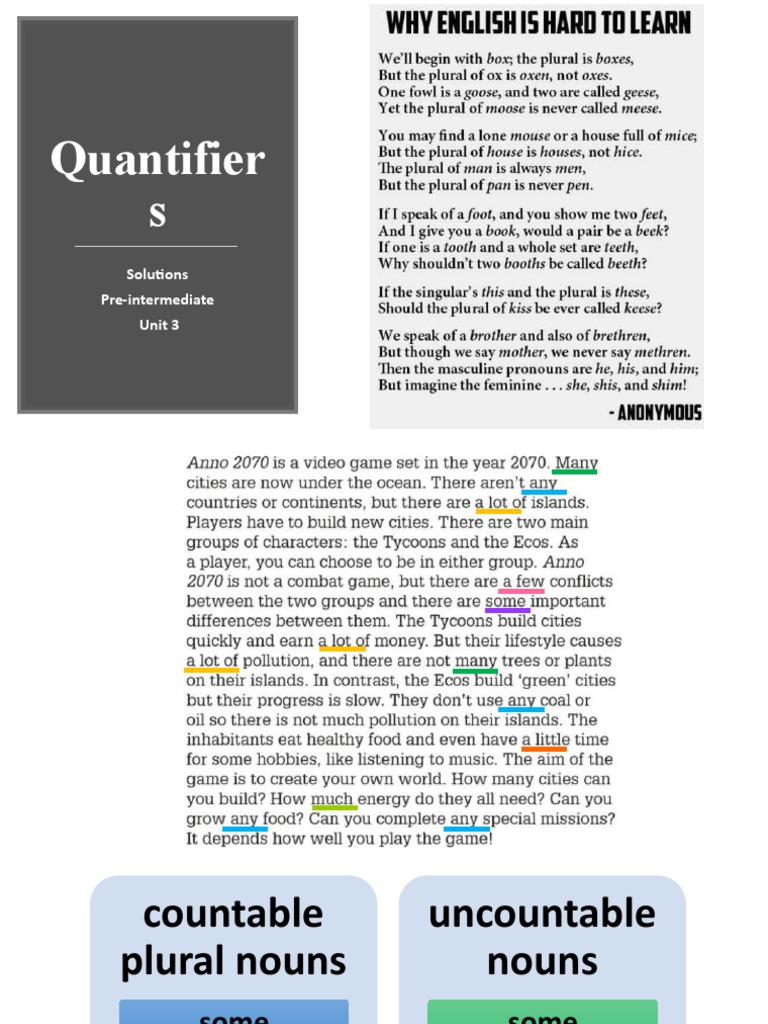 Quantifier S: Solutions Pre-Intermediate Unit 3 | PDF | Teaching ...