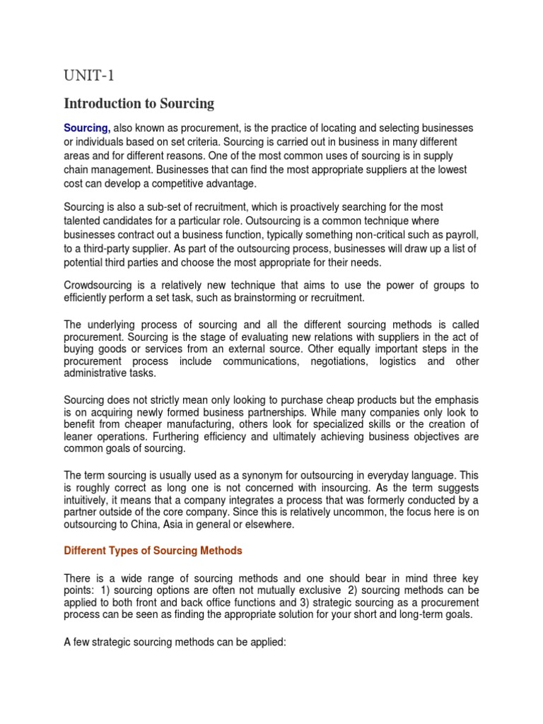 Unit 1 Sourcing Management Pdf Procurement Business Process Management