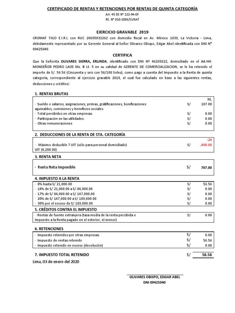CERTIFICADO DE RENTAS Y RETENCIONES 5ta CATEGORIA | PDF | Impuesto ...