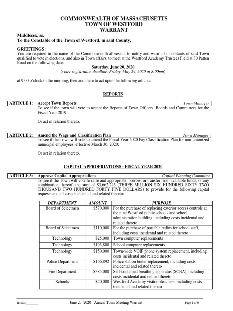 Commonwealth of Massachusetts Town of Westford Warrant | PDF ...
