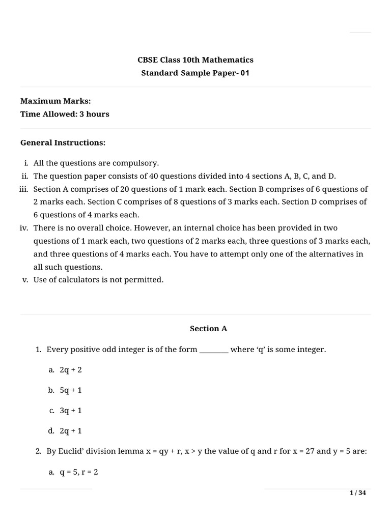 CBSE Class 10 Mathematics Sample Paper | PDF | Triangle | Area
