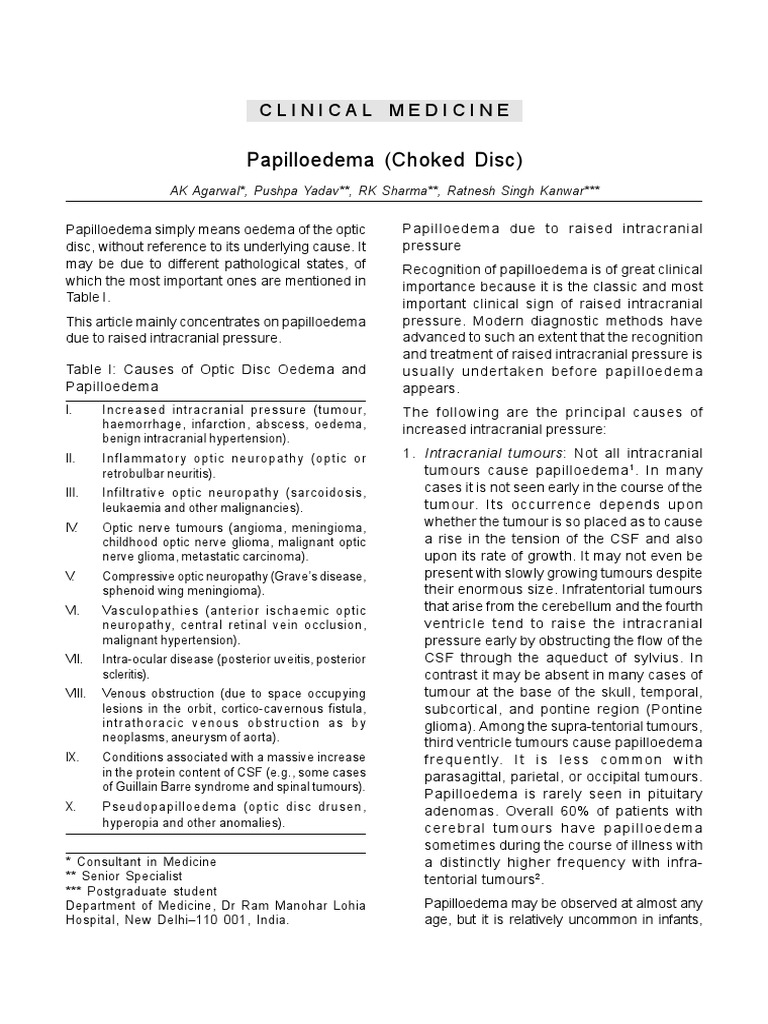 Papilloedema (Choked Disc) Clinical Medicine PDF Cerebrospinal