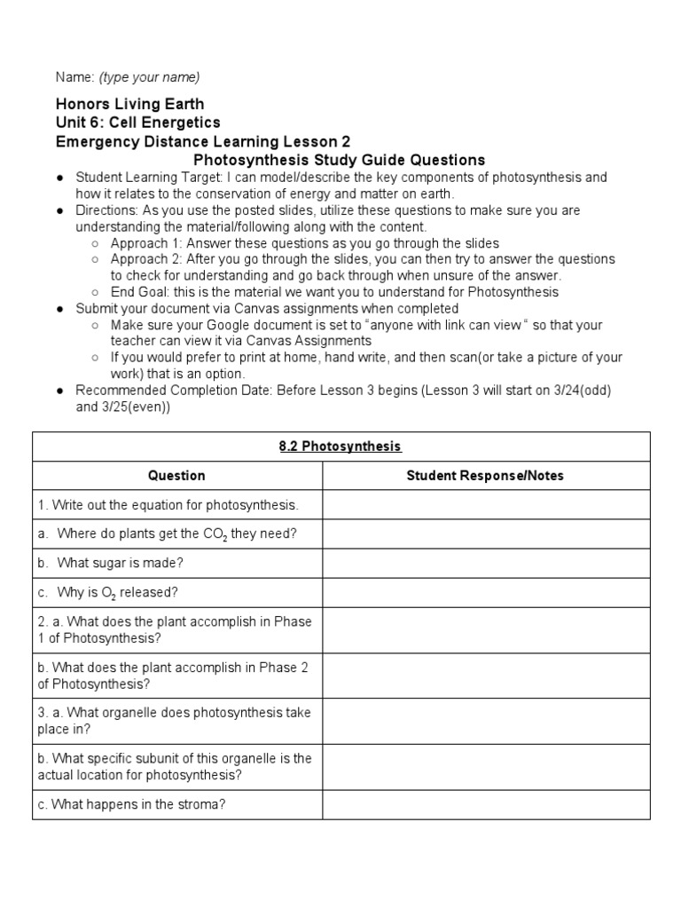 Photosynthesis Study Guide Questions | PDF | Electron Transport Chain ...