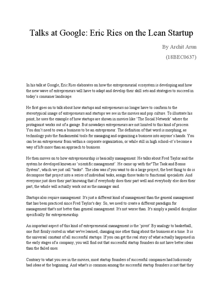 Talks At Google Eric Ries On The Lean Startup Download Free Pdf