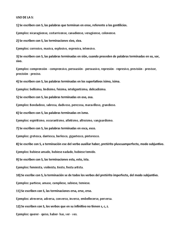 Uso de la S en palabras y terminaciones | PDF | Artes del Lenguaje y ...