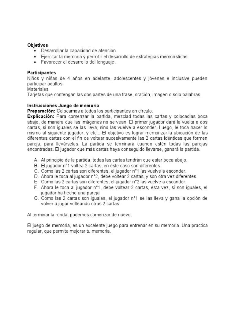 Objetivos e Instrucciones Del Juego de Memoria | PDF