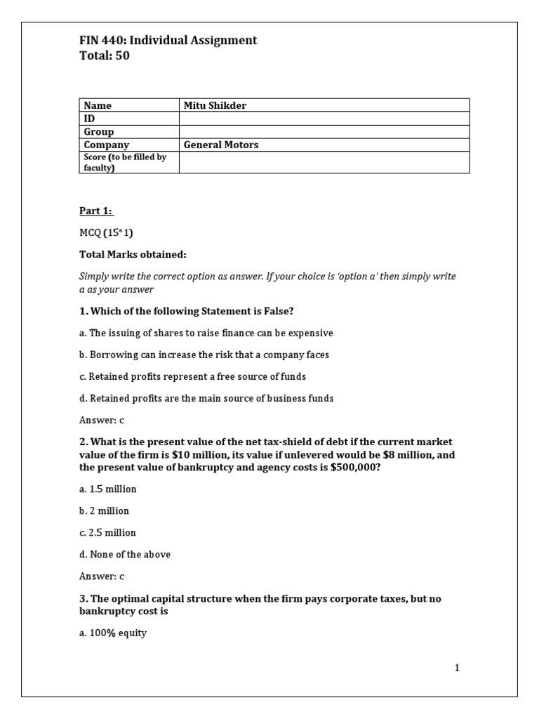 FIN 440: Individual Assignment Total: 50 | Download grátis PDF | Beta ...