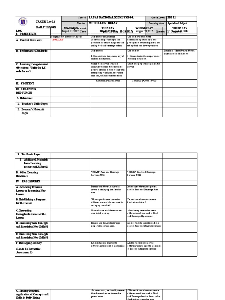 FBS 12 Daily Lesson Plan | PDF | Restaurants | Learning