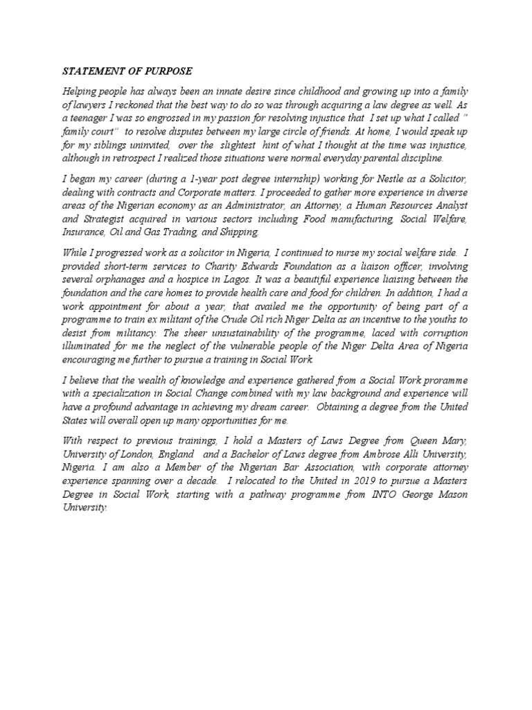 MSW Statement of Purpose Example | PDF | Nigeria | Social Work