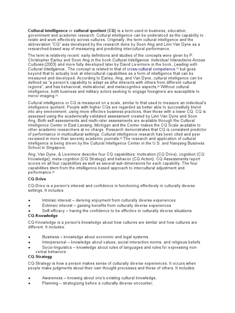 Cultural Intelligence or Cultural Quotient (CQ) Is A Term Used in ...