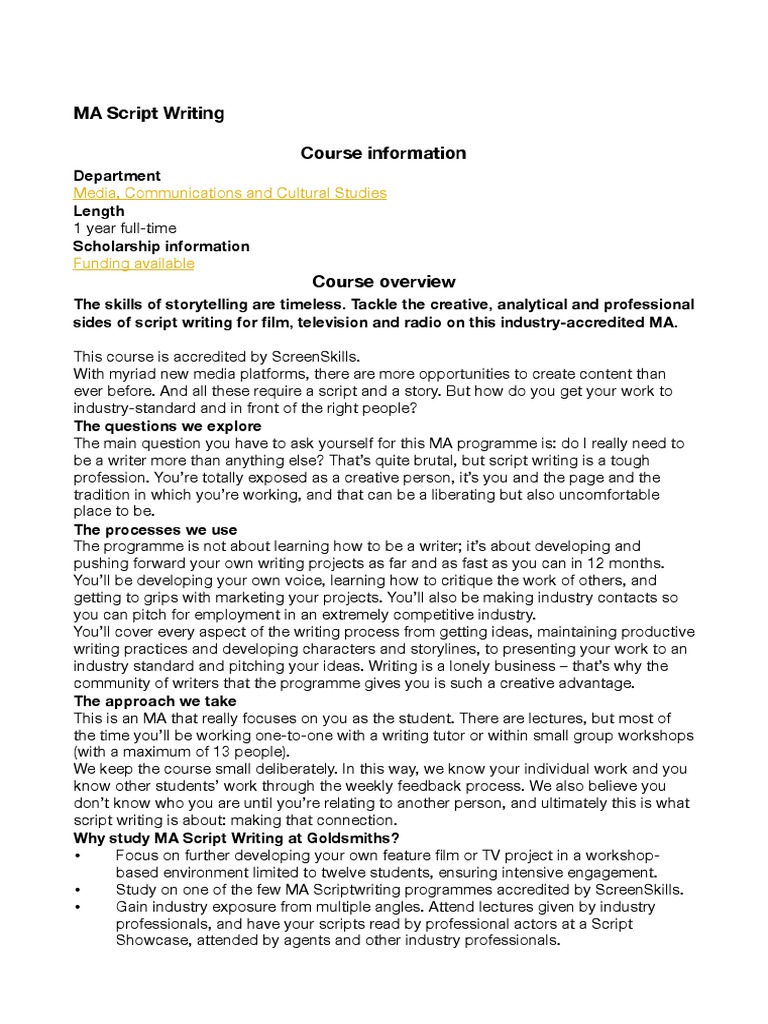 Ma Script Writing Course Information Media Communications And