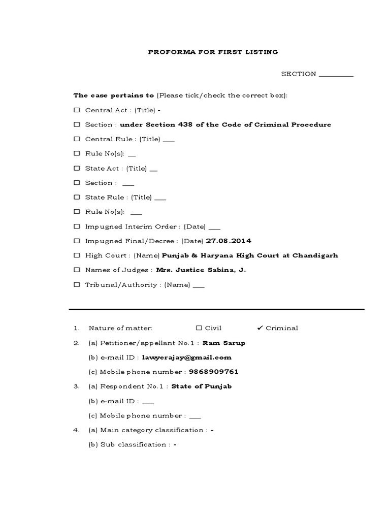 Crl. SLP Format 2014 | PDF | Bail | Supreme Court Of India