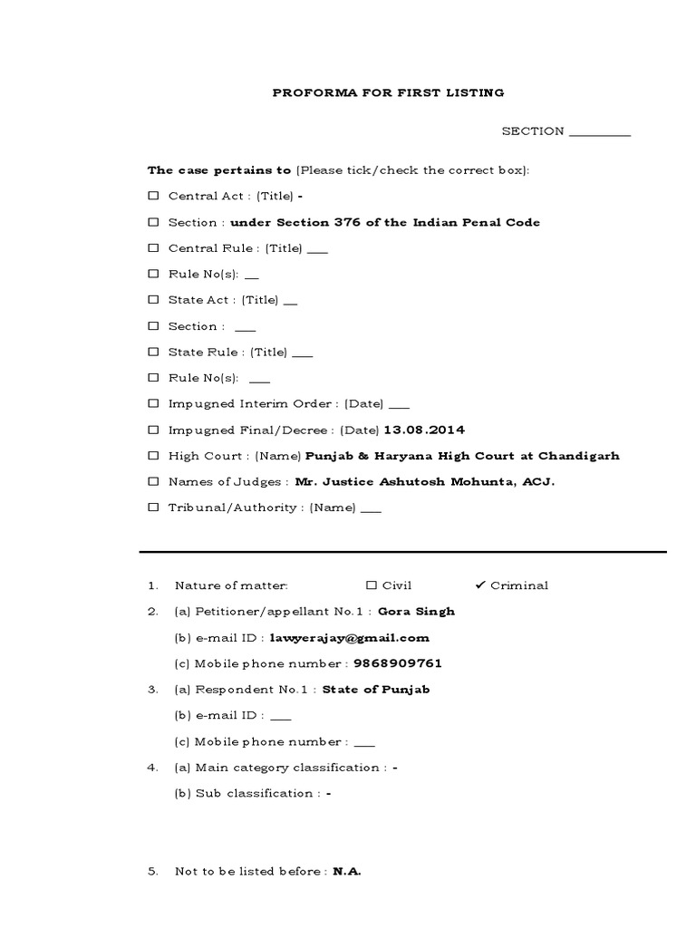 Criminal Appeal SLP Format Template | PDF | Bail | Supreme Court Of India