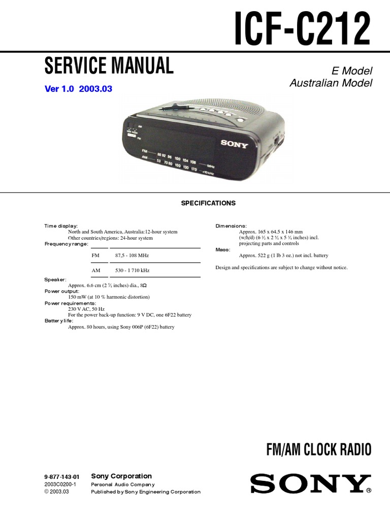 Radio Despertador Service Manual Sony ICFC212 Ver.1.0 PDF PDF