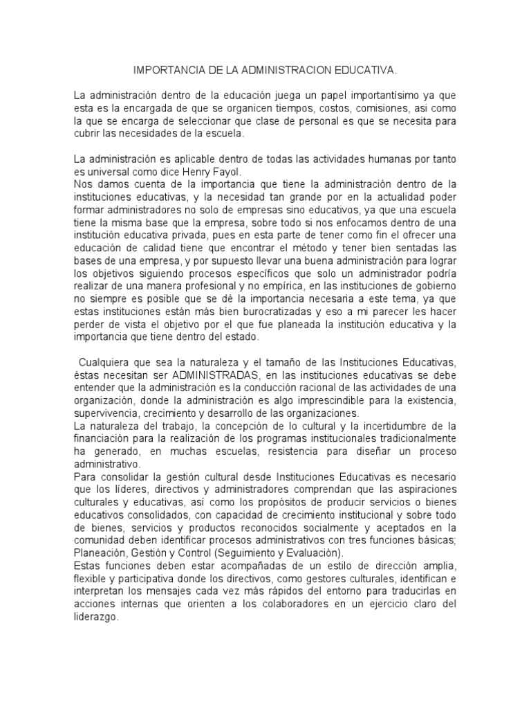 Importancia de La Administracion Educativa | PDF | Institución ...